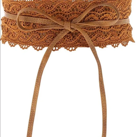 Black Lace faux leather wide boho belt stretch - Picture 2 of 10